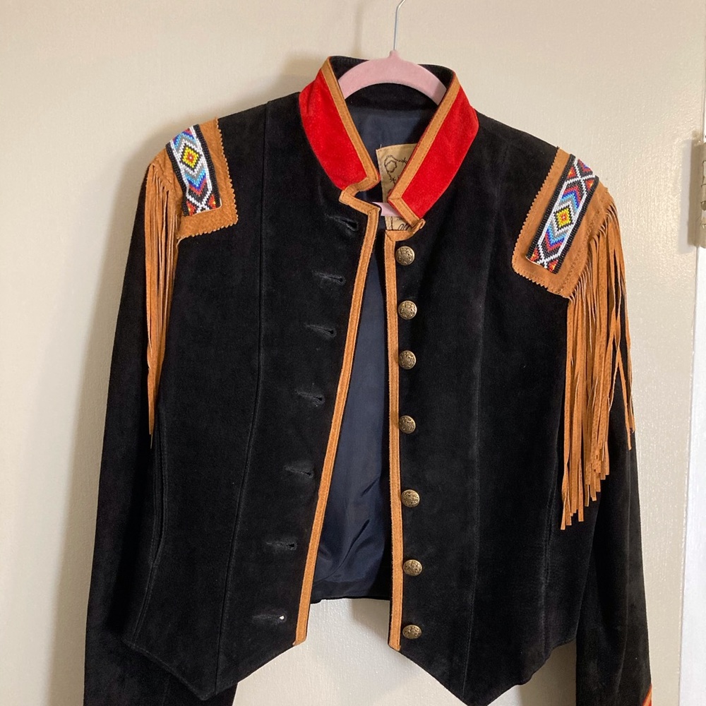 Vintage Replica Indian Scout Jacket SZ L, pigskin leather with beaded epaulets